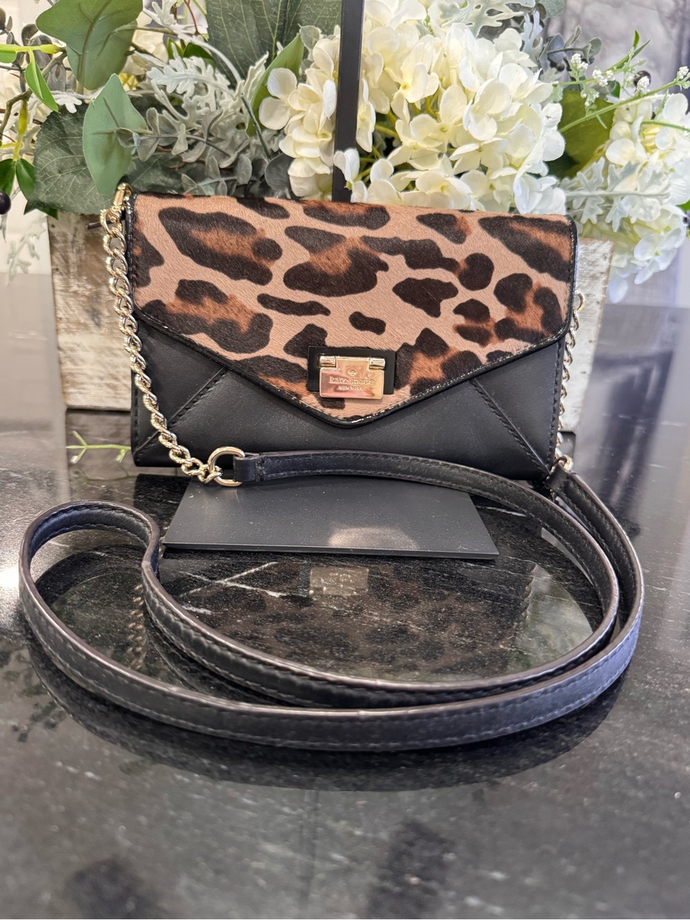 Kate Spade Leopard Calf Hair Wallet On Chain Crossbody Clutch Black